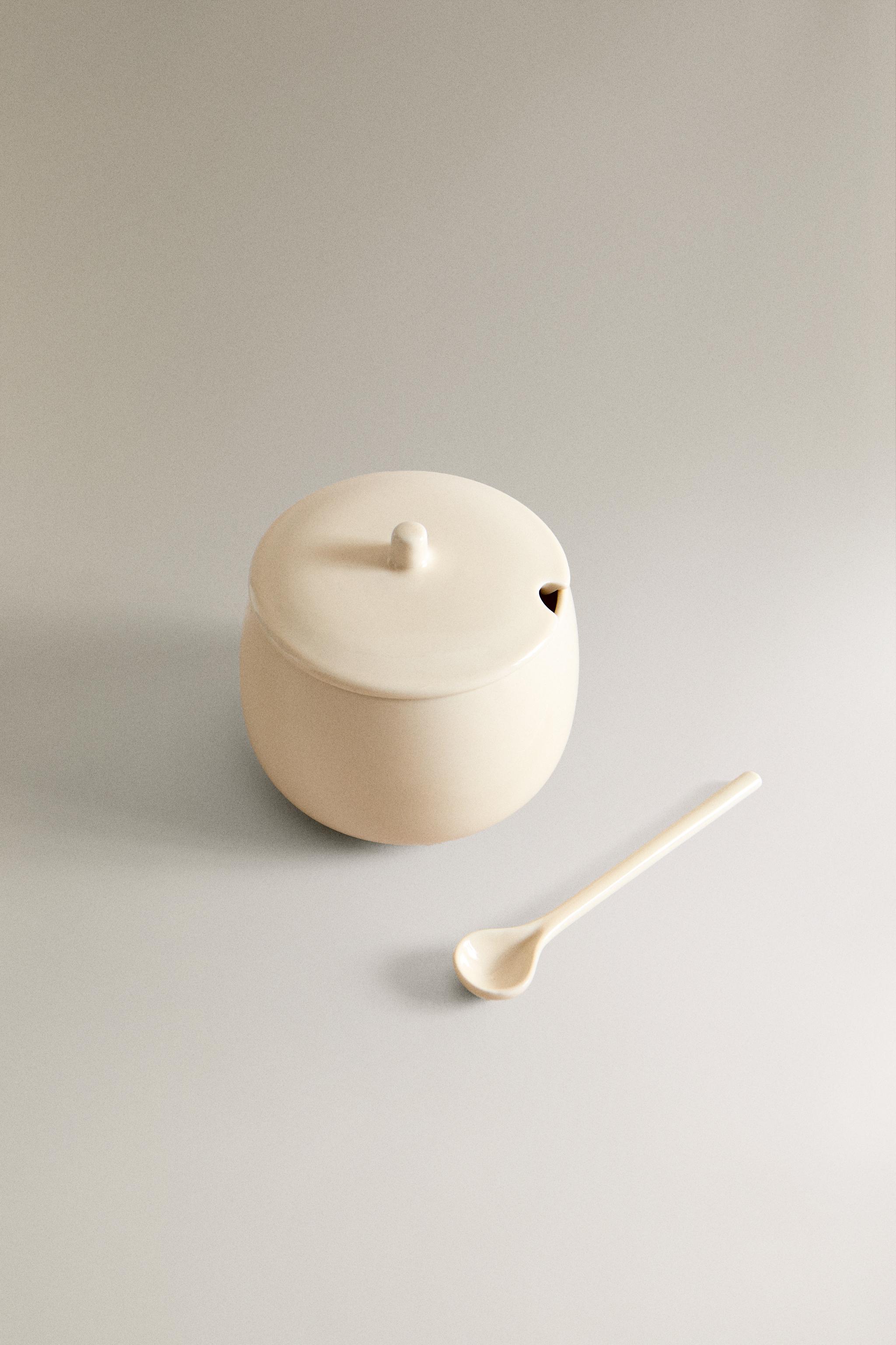 PLAIN STONEWARE SUGAR BOWL WITH SPOON